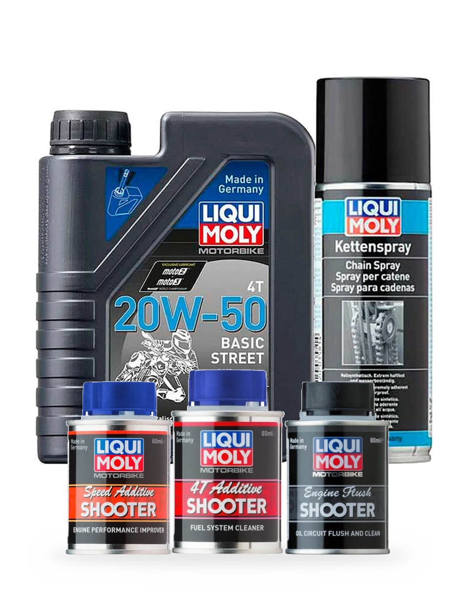 Aceite mineral para Moto 20W-50 9 piezas: 2 × 1 L de aceite + 6 × 80 ml de tratamientos + 1 × 200 ml de lubricante para cadena. Aceite mineral para Moto 20W-50 9 piezas: 2 × 1 L de aceite + 6 × 80 ml de tratamientos + 1 × 200 ml de lubricante para cadena.
